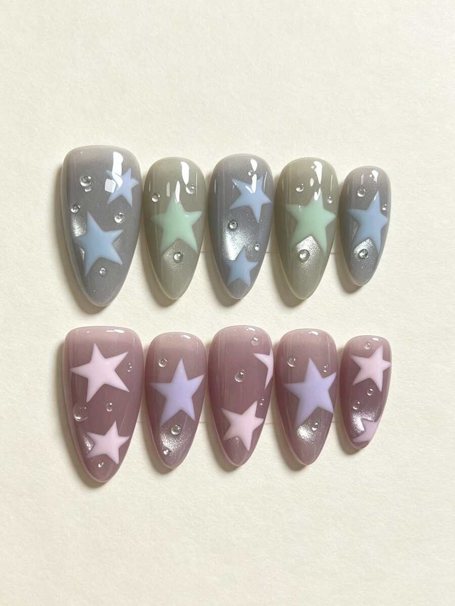 10pcs Handmade Press-On Nails, Almond Shape Macaron Star Print Fake ...