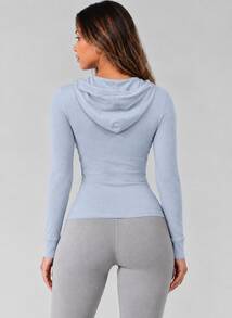 Women's Sports Top, Henley Half-Button Hooded Long Sleeve Ribbed Waist-Cinching Slim Fit Elastic Yoga Workout Wear - Baby Blue - View 2