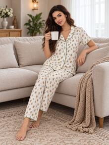 Cute Pastoral Style Light Green Trim Short Sleeve Long Pants Lapel Ditsy Floral Summer Women's Pajama Set - White - View 2