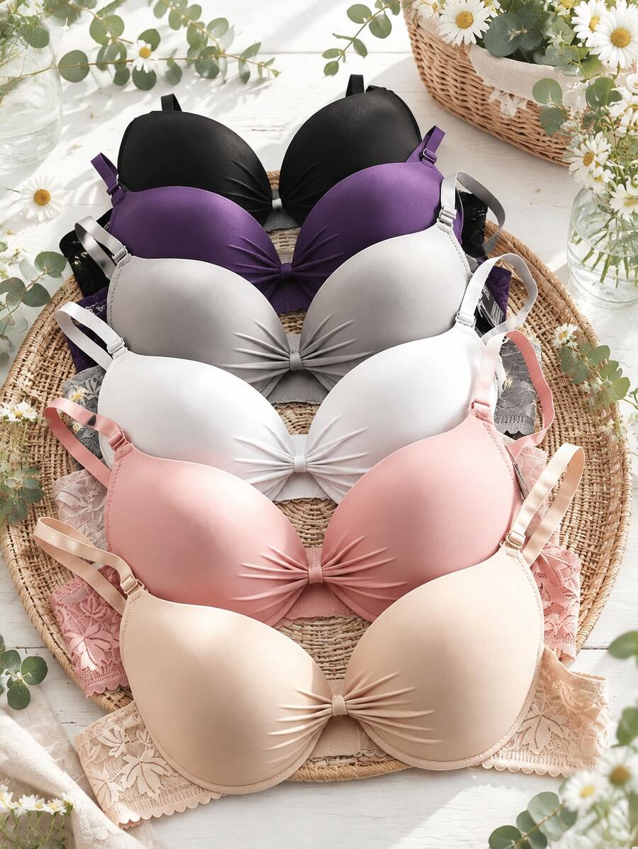 Sostén para Mujer Con Aros, Diseño de Pliegues con Lazo en el Pecho, Banda Lateral de Encaje, Brassiere Suave Multicolor, Ropa Interior de Soporte para Uso Diario - Multicolor - Ver 1