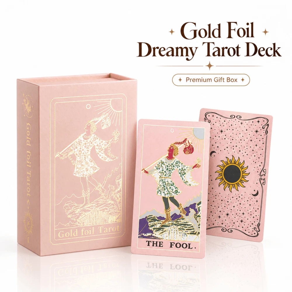 Mazo de cartas de tarot con lámina de oro rosa y caja de regalo premium, cartas de juego de mesa 100% impermeables de PVC, adecuadas para principiantes y lecturas de adivinación diarias - Rosa - Ver 1