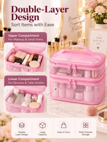 Double Layer Mesh Makeup Bag With Handle, Portable Travel Cosmetic Storage Box, Large Capacity Zippered Toiletry Organizer, Multiple Colors Available, Suitable For Daily Use And Travel - Multicolor - View 3
