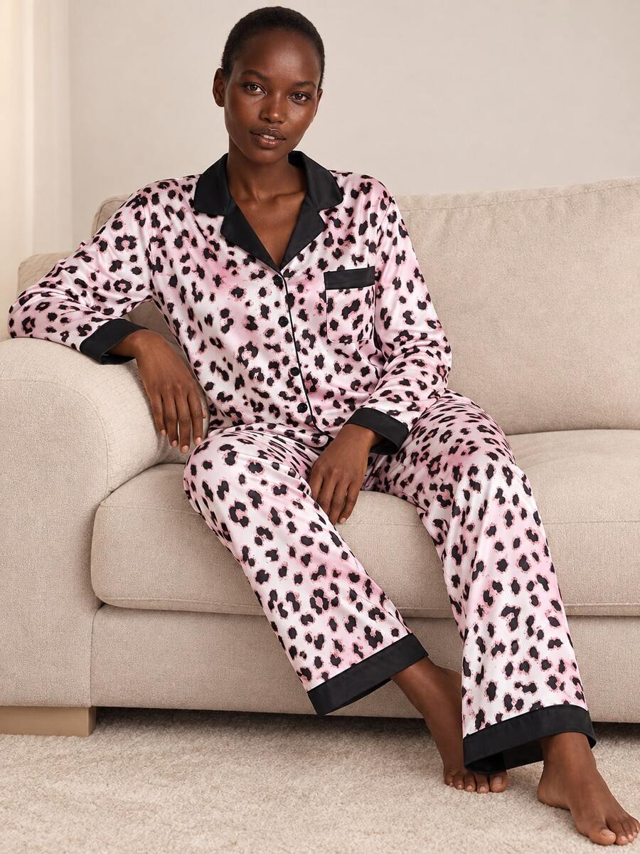 Leopard Print Women's Satin Long Sleeve Long Pants Pajama Set - Pink - View 1