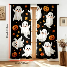 2pcs Halloween Digital Print Curtains, Cute Ghost Pumpkin Maple Leaf Pattern, Black Background Cartoon Style, Bedroom Living Room Home Decor - Multicolor - View 14