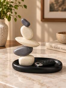Stacked Stone Balance Sculpture With Black Storage Tray, Modern Abstract Resin Home Decor Ornament, Jewelry Key Watch Organizer For Entryway, Living Room, Bedroom & Office - A - View 3