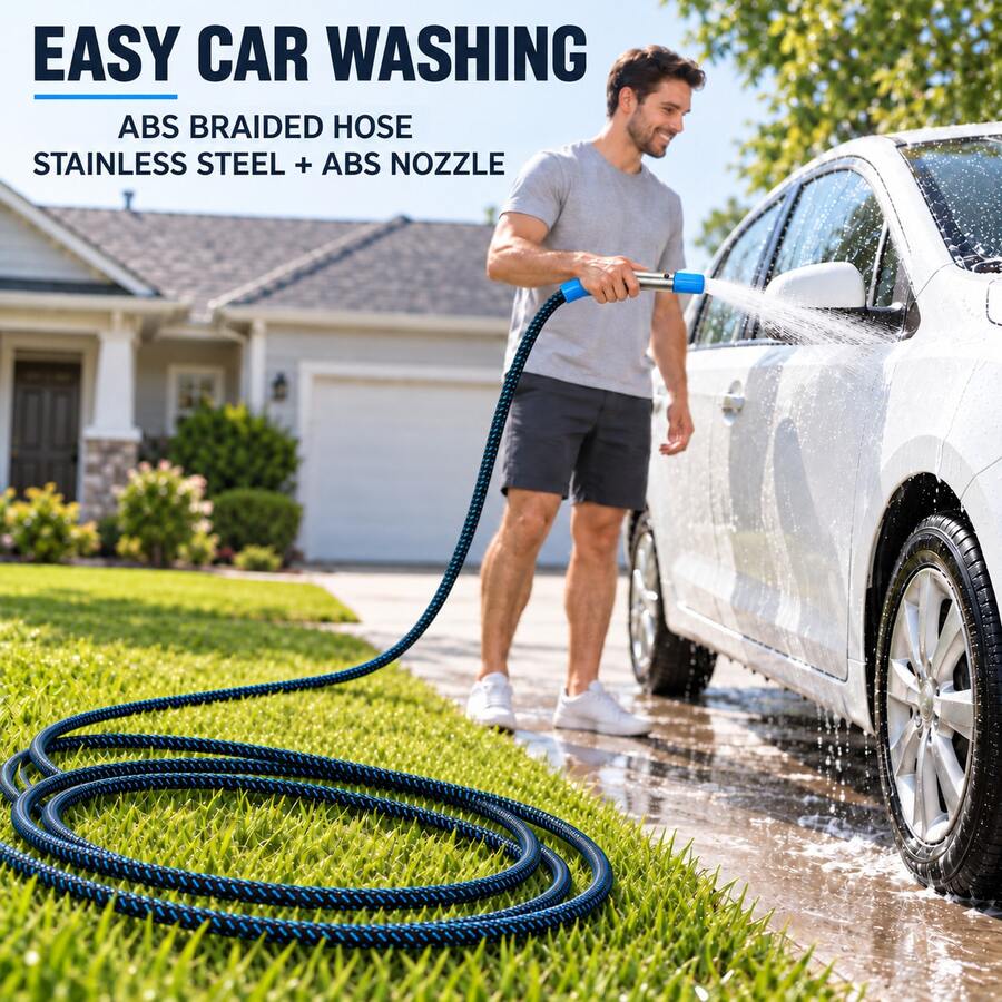 3/5/10/15/20m Braided Car Wash Hose With 2-Mode Stainless Steel & ABS Spray Nozzle, G1/2 Thread Garden Cleaning Water Hose