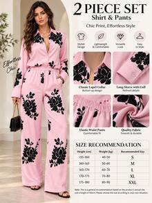 Setelan 2 Potong Atasan Lengan Panjang Berkerah Motif dan Celana Motif untuk Wanita Musim Semi/Gugur - Berwarna merah muda - View 6