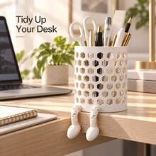 Creative Hollow Honeycomb Mesh Pen Holder Desktop Storage Box With Cute Hanging Feet Design, Multi-Functional Office Supplies Organizer Rack For Desk Stationery, Makeup Brushes, Paintbrushes, Modern Minimalist Home Office Desktop Decor - A - View 7