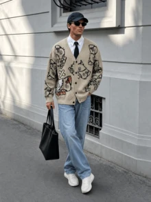 Men's Loose Casual Cute Patchwork Kitten Jacquard V-Neck Button Long Sleeve Drop Shoulder Cardigan Sweater Jacket, Autumn/Winter - Brown - View 5