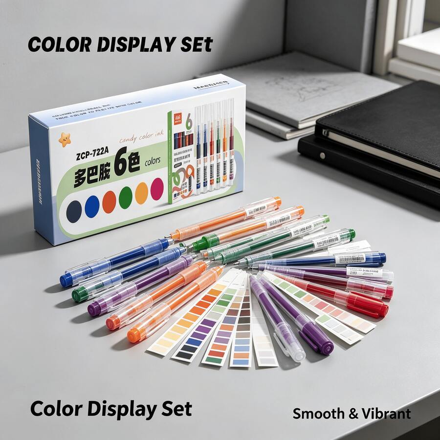 6/12pcs Colorful Liquid Ink Rollerball Pens, 6 Colors (3 Styles) Or 12 Colors Mixed. 0.5mm Needle Tip, Quick-Dry, Smooth Writing For School, Office, And Journaling. - Multi-color - View 1