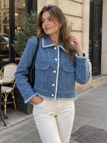 Women's Distressed Decorative Button Denim Jacket - Dusty Blue - View 2
