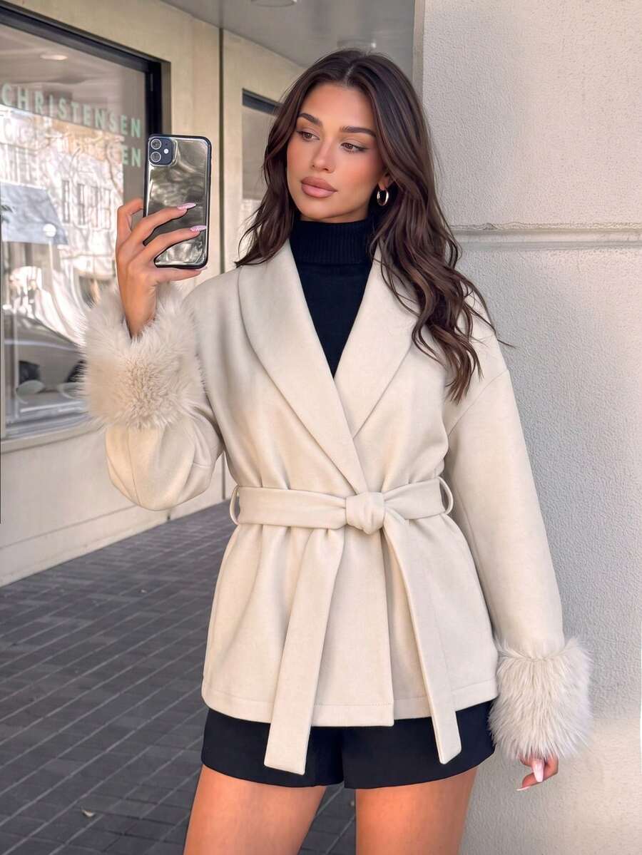 Women's Elegant Beige Woven Fabric Coat, Shawl Collar Design, With Faux Fur Cuffs And Belt, Autumn/Winter - Beige - View 1