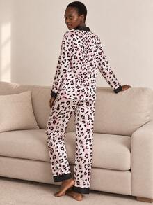 Leopard Print Women's Satin Long Sleeve Long Pants Pajama Set - Pink - View 2