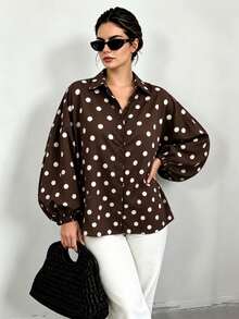 Plus Size Women French Polka Dot Print Button Long Sleeve Blouse - Coffee Brown - View 2