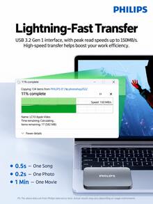 PHILIPS 1TB/2TB Options 2.5-Inch Portable Hard Drive 21PD Series USB 3.2 Gen 1 High-Speed Large Capacity External Mechanical Hard Drive External Computer Storage Compatible With Mac Office Home Data Backup Black Silver - View 8