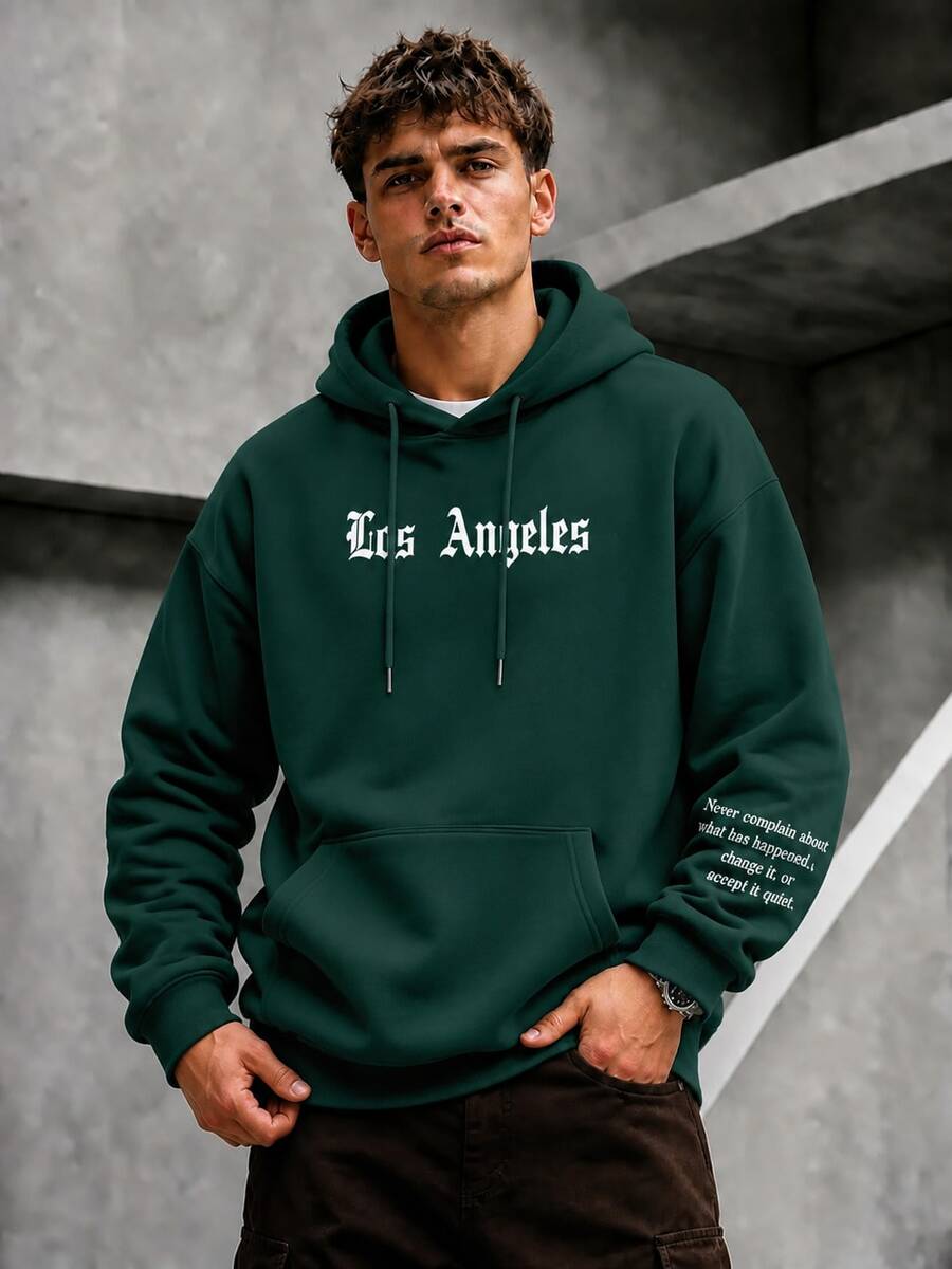 Krometka Men's Los Angeles Letter Brown Kangaroo Pocket Hoodie, New Autumn/Winter
