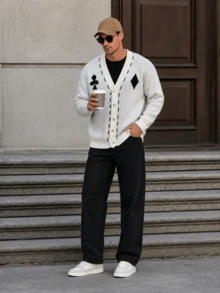 Men's Casual Fashion Daily Commute Home Poker Card Element Cardigan Sweater Fun Argyle Color Block V-Neck Knit Jacket Autumn/Winter - Apricot - View 5