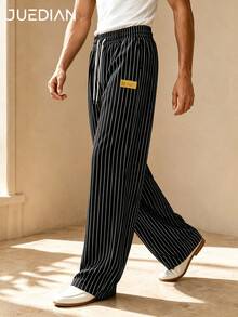 1pc Black Striped Men's Long Pants, Drawstring Elastic Waist Casual Trousers, Double Side Pockets, Straight Leg Drape, Slimming Lazy Versatile Home & Commute Striped Pants, Machine Washable, Comfortable Skin-Friendly, Old Money Style, Gentleman Elegant Men's Pants - Black - View 6