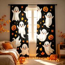 2pcs Halloween Digital Print Curtains, Cute Ghost Pumpkin Maple Leaf Pattern, Black Background Cartoon Style, Bedroom Living Room Home Decor - Multicolor - View 9