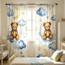 2pcs Cartoon Digital Print Curtains, Teddy Bear Swinging Moon And Clouds, Cute Watercolor Children Style, Baby Room Bedroom Decor - Multicolor - View 11