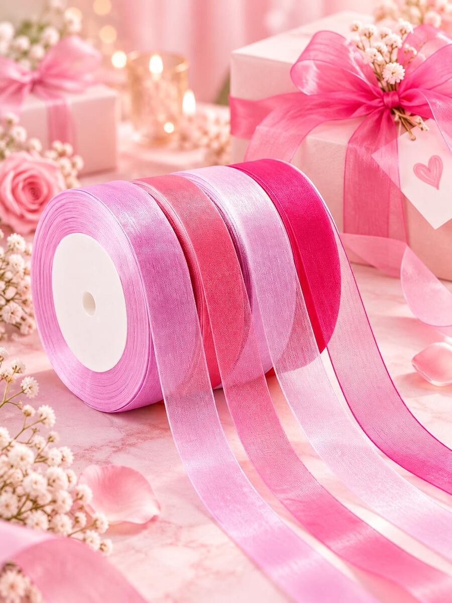Pink Series Transparent Organza Ribbon Set, Suitable For Gift Wrapping, Bouquet Decoration, Valentine's Day Birthday Party DIY Bow Handmade Decoration, Comes With Shiny Chiffon Fabric Ribbon - Pink Tones - View 1