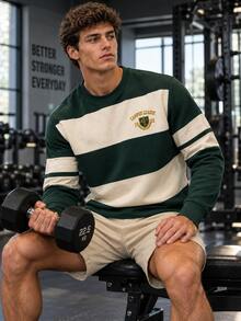 Men's Collegiate Style Rugby Striped Crew Neck Sweatshirt, Campus League Badge Print Colorblock Long Sleeve Casual Pullover - Multicolor - View 1