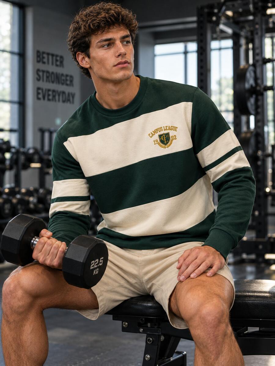 Men's Collegiate Style Rugby Striped Crew Neck Sweatshirt, Campus League Badge Print Colorblock Long Sleeve Casual Pullover - Multicolor - View 1