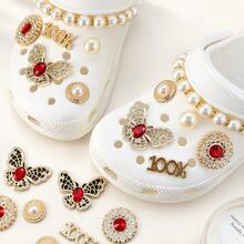 12pcs Gold Red Rhinestone Pearl Clogs Shoe Charms, ABS Butterfly Rhinestone Pearl Chain Shoe Decoration Accessories For Women And Girls DIY - Gold Red Diamond Pearl Style - 12PCS - View 2