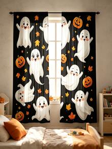2pcs Halloween Digital Print Curtains, Cute Ghost Pumpkin Maple Leaf Pattern, Black Background Cartoon Style, Bedroom Living Room Home Decor - Multicolor - View 6