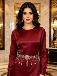 Bohemian Style Carved Metal Waist Decor, Water Drop Pendant Chain Waist Belt, Party Dress Robe Accessory - Silver - View 12
