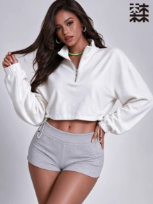 mulinsen Women's Loose Short Half-Zip Sweatshirt, Drawstring Hem, Stand Collar, Long Sleeve, Sports, Casual Daily Wear - White - View 3