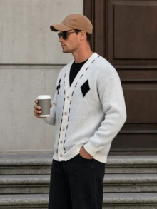 Men's Casual Fashion Daily Commute Home Poker Card Element Cardigan Sweater Fun Argyle Color Block V-Neck Knit Jacket Autumn/Winter - Apricot - View 4