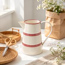 1pc Bohemian Farmhouse Enamel Metal Pitcher Vase, Cream White Jug With Red/Blue Stripes, Vintage Decorative Water Can, Tabletop Flower Vase For Kitchen, Living Room, Dining Table, Indoor Home Decor, Rustic Country Home Accent Decor - Little Red - View 5