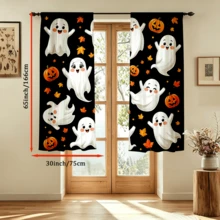 2pcs Halloween Digital Print Curtains, Cute Ghost Pumpkin Maple Leaf Pattern, Black Background Cartoon Style, Bedroom Living Room Home Decor - Multicolor - View 15