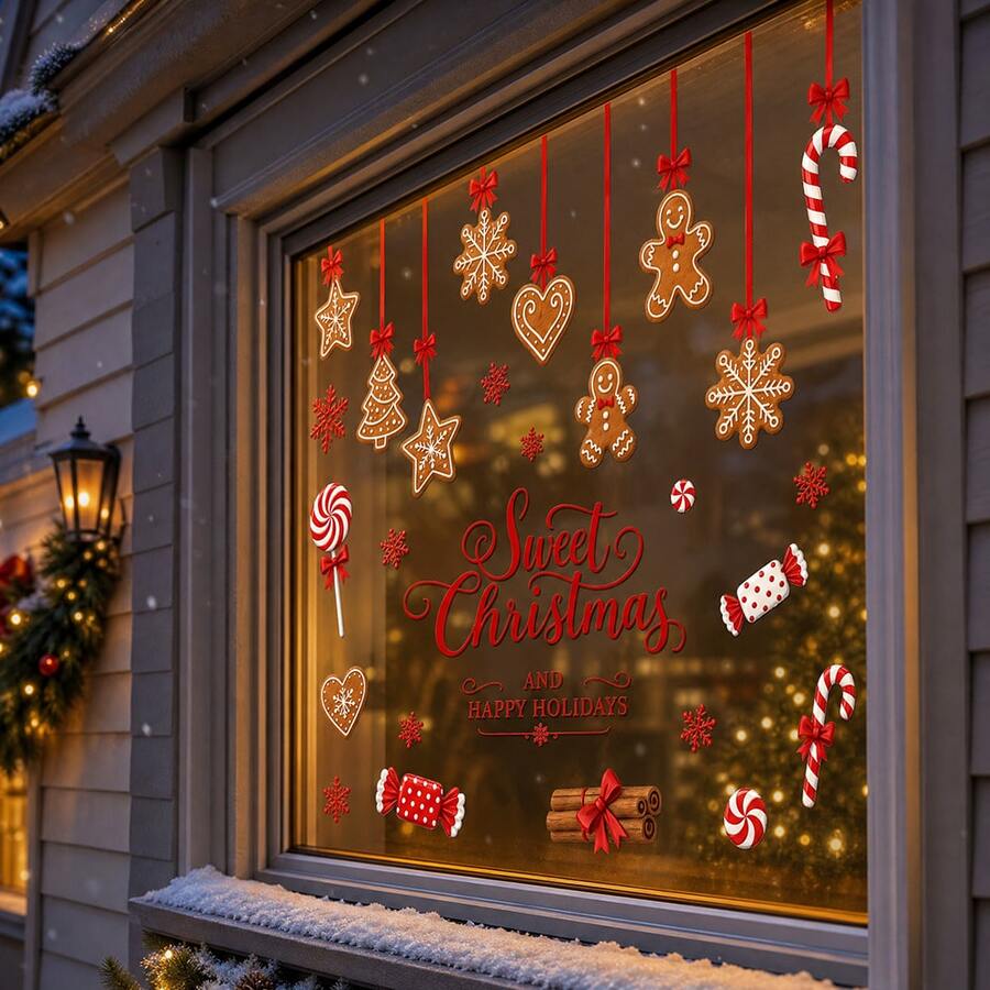 1pc Sweet Christmas Gingerbread Man Static Window Sticker, Candy Cane Snowflake Home Holiday Door & Window Decor - Multi-color - View 1