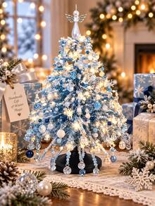 Snow Blue Beaded Christmas Tree Craft Kit - DIY Desktop Winter Wonderland Tree Metal Wire Handmade Set With Bursting Crystal Beads/Angel Tree Topper/LED Lights, For Adult Holiday Crafts, Fireplace Mantel And Tabletop Centerpiece - Blue Winter Style - View 6