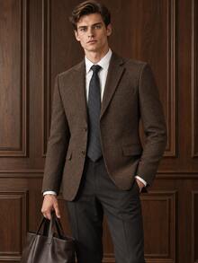 Men's Herringbone Single Breasted Blazer, Classic Lapel Long Sleeve Suit Jacket, Casual Business Dress Outerwear - Coffee Brown - View 1