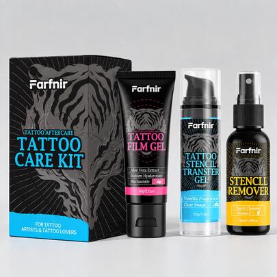 Farfnir Tattoo Kit – 50g Vanilla Transfer + 40ml Transfer Remover Spray + 60g Film-Forming Gel, Aloe-Infused, Smudge-Proof For Crisp, Long-Lasting Stencils, Easy To Erase, Gel Film Protects Tattoos, All Skin Types, Christmas Essential Tattoo Care