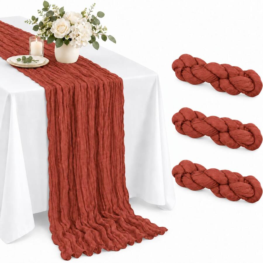 3 Packs Terracotta Cheesecloth Table Runner, Boho Rustic Crinkle Gauze Table Runners, Semi Sheer Cheese Cloth Table Decor For Wedding Reception, Bridal Shower, Baby Shower, Birthday Party, Thanksgiving, Christmas, Farmhouse Dining Table And Home Decor - Multicolor - View 1