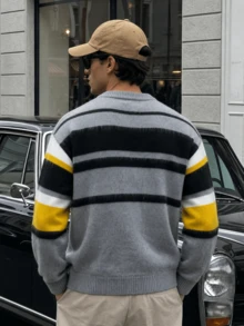 Sweater Pullover Rajut Pria Model Kasual Leher Bulat Lengan Panjang Bergaris Warna Blok Gaya Kampus, Musim Gugur/Dingin - Grey - View 3