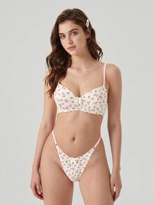 Aesletic Floral Print Ballet Style Lingerie Set, Bow Detail Underwire Bra And Thong, Sweet And Playful Style Lingerie - Beige - View 3