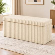 Aafan Ribbed Velvet Large Ottoman Storage Bench, Folding Ottoman Storage Box, Footstool Or Storage Chest With Lid For Bedroom, Wooden Box Fleece Cover - Cream - View 1
