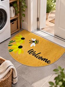 Semi-Circular Welcome Doormat, Sunflower & Bee Welcome Pattern, Bright Welcoming Decorative Design, Edged Construction Adds Layered Look To Entrance, Suitable For Front Door, Entryway, Foyer And Hallway - Brown - View 6