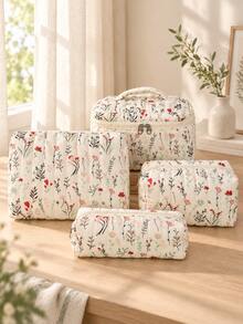 Fresh Pastoral Style Makeup Bag Set, Overall Style Fresh And Cute, Zipper Closure, Lightweight And Practical, Soft And Fluffy Texture Storage Bag, Multi-Functional Women's Handbag, Large Capacity Storage For Cosmetics, Toiletries, Skincare Products, Makeup Brushes And Other Personal Items. Different Sizes Convenient For Classification And Organization, Suitable For Home Vanity And Travel Essentials. - Multicolor - View 2