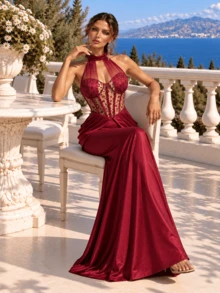 Đầm dạ hội đuôi cá dài ôm sát màu đỏ rượu vang, cổ yếm, hở lưng, corset xương cá, phối ren và satin, dành cho tiệc và vũ hội - Màu Đỏ Sâu - Xem 5