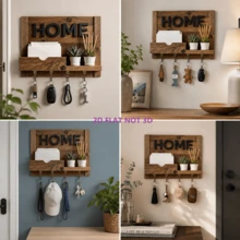 1pc 2D Flat HOME Rustic Wooden Key Holder Rack, 4 Hooks Wall Mounted Decorative Key Rack Organizer For Entryway, Kitchen, Office, Apartment, Farmhouse Home Decor Gift - View 3