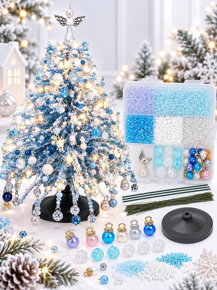 Snow Blue Beaded Christmas Tree Craft Kit - DIY Desktop Winter Wonderland Tree Metal Wire Handmade Set With Bursting Crystal Beads/Angel Tree Topper/LED Lights, For Adult Holiday Crafts, Fireplace Mantel And Tabletop Centerpiece - Blue Winter Style - View 1