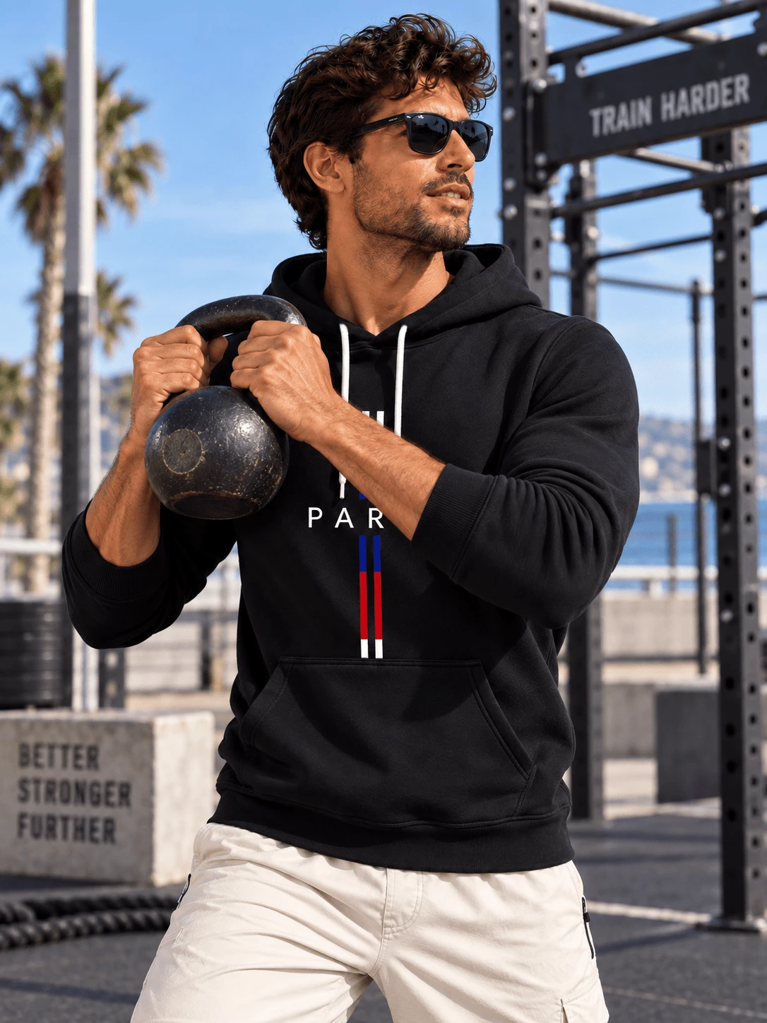 Men's Minimalist Paris Letter Red White Blue Striped Print Sweatshirt, Long Sleeve Drawstring Pocket Casual Sports Sweatshirt - Black - View 1