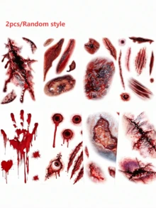 2Sheets Random Style Of Red Y2K Boy And Girl Halloween Scar Tattoo Stickers, Temporary Tattoos, Waterproof And Sweatproof, Simple And Easy To Use - Red - View 12