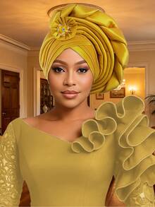 1pc Women's African Auto Gele Turban Hat, Pre-Made Pleated Headtie With Rhinestone Flower Decor, Nigerian Wedding Party Head Wrap Headpiece - A - View 17